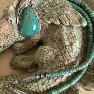 VTG Large Navajo Green Turquoise Pendant on Santo Domingo Heishi & Bench Beads